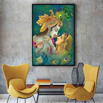 Radha Krishna Green Backdrop Canvas Art