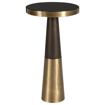 Luxe Tapered Espresso Wood Black Glass Top Accent Table Gold Metal Vintage Style