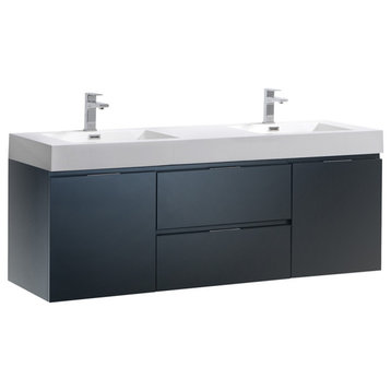 Fresca 60" Dark Slate Gray Wall Hung Double Sink Modern Bathroom Vanity