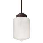 Besa Lighting - Besa Lighting 1TT-OLINFR-BR Olin - One Light Stem Pendant with Flat Canopy - Our Olin is a modern and interesting closed bottom cylindrical shape, with a gently pointed accent, its retro styling will gracefully blend into today's environments. Our Frost glass is clear pressed glass that has been etched to diffuse the light, resulting in a semi-translucent appearance. Unlit, it appears as simply a textured surface like satin, but when lit the glass has a calming glow. The smooth satin finish on the clear outer layer is a result of an extensive etching process. This handcrafted glass uses a process where every glass is consistently produced using a press mold, keeping variations to a minimum. The stem pendant fixture is equipped with an adjustable telescoping section, 4 connectable stem sections (3", 6", 12", and 18") and low Profile flat monopoint canopy. These stylish and functional luminaries are offered in a beautiful brushed Bronze finish.  No. of Rods: 4  Canopy Included: TRUE  Shade Included: TRUE  Cord Length: 120.00  Canopy Diameter: 5 x 5 x 0 Rod Length(s): 18.00  Dimable: TRUEOlin One Light Stem Pendant with Flat Canopy Bronze Frost GlassUL: Suitable for damp locations, *Energy Star Qualified: n/a  *ADA Certified: n/a  *Number of Lights: Lamp: 1-*Wattage:60w Medium base bulb(s) *Bulb Included:No *Bulb Type:Medium base *Finish Type:Bronze