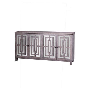 Modern Sideboard, Rectangular Patterned Doors With Mirrored Front, Light Gray