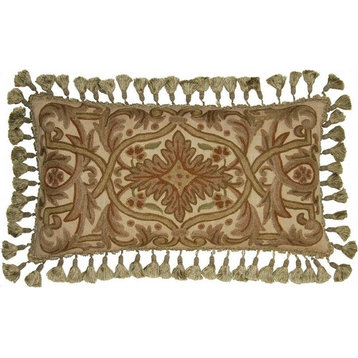 Hand-Embroidered Throw Pillow 16"x24" Brown/Beige/Tan Canvas  Flower