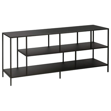 Transitional TV Stand, Metal Frame With 3 Open Shelves, Blackened Bronze Finish