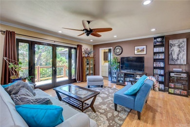 Family room - mid-sized transitional enclosed medium tone wood floor and brown floor family room idea in Los Angeles with multicolored walls, no fireplace and a tv stand