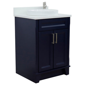 25" Single Sink Vanity, Blue Finish With White Quartz And Round Sink
