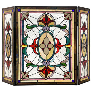 38" Green Mission Style Stained Glass Fireplace Screen 3 piece Folding Decor 