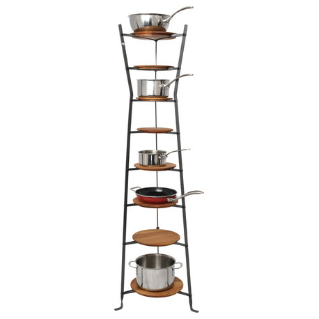 Handcrafted 8-Tier Hourglass Cookware Stand w Alder Shelves Hammered Steel