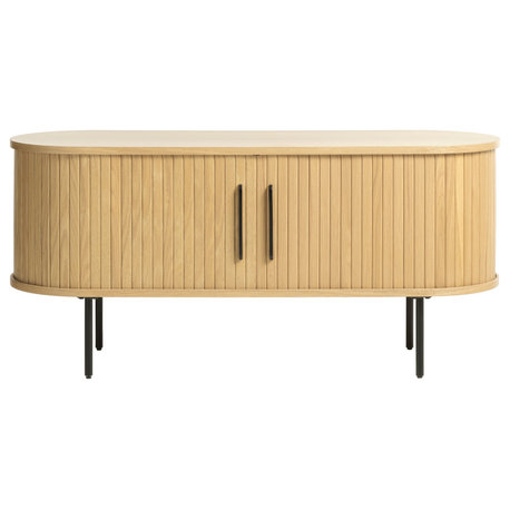 Mid-Century Modern Rounded Sliding Door TV Lowboard, Natural Oak, 47"