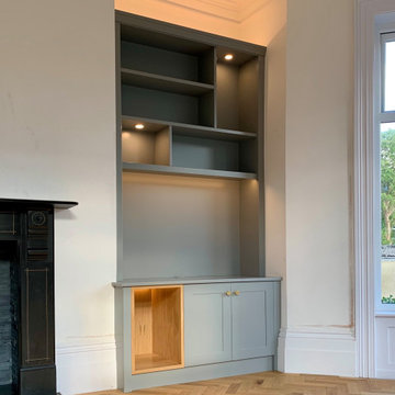 The finished cabinet in the right alcove