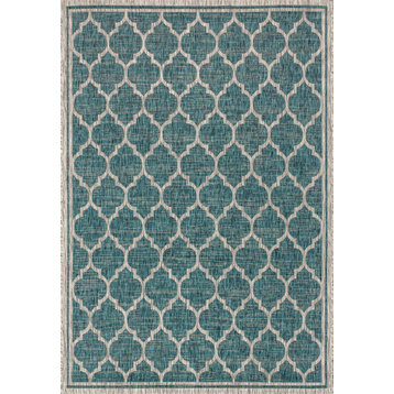 Trebol Moroccan Trellis Textured Weave Indoor/Outdoor, Teal/Gray, 8 X 10