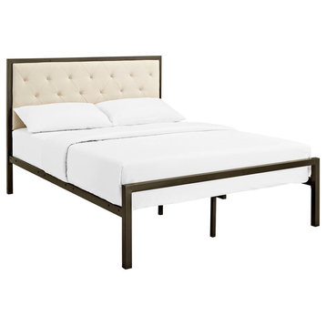 Modern Contemporary Full Size Fabric Bed Frame, Beige Fabric