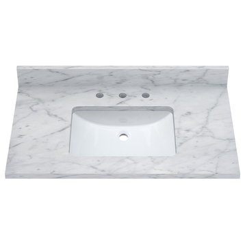 Carrara White Marble Top With Mounted Rectangular Ceramic Basin, 37"