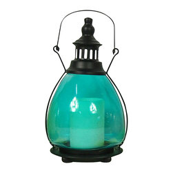 Glitzhome - Generic Led Iron And Glass Lantern 11", Blue - Candleholders