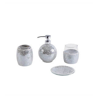 4 Piece Iceberg Aqua Mosaic Glass and Metal Bath Set