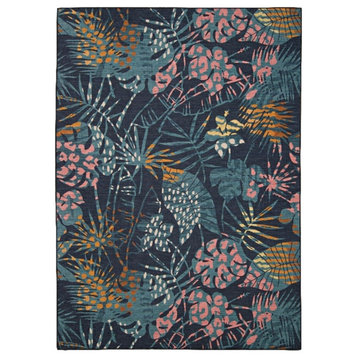 Linon Indoor Outdoor Washable Myrtle Polyester Area 5'x7' Rug in Navy and Gold