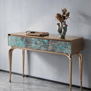 Luxury Stone Inlay Console Table with Three Drawers | Custom Natural Stone Entry