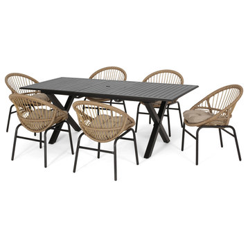 Benway Outdoor Wicker and Aluminum 7 Piece Expandable Dining Set With Cushion