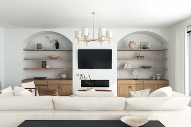 Diseño de salón minimalista con paredes blancas y vigas vistas