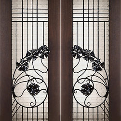 Pair of 2-1/4" Thick Art Nouveau Mahogany Doors Wrought Iron Cast Glass - Front Doors