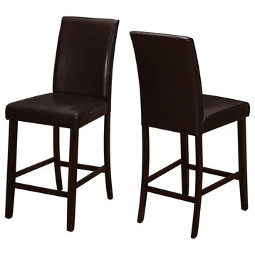 Dining Chair, Set Of 2, Counter Height, Pu Leather Look, Wood Legs, Brown