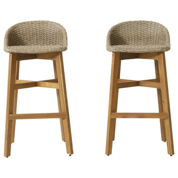 Beeson Outdoor Wicker and Acacia Wood 30" Barstools, Set of 2