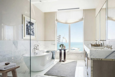 Mid-sized 1950s master marble floor bathroom photo in Chicago with a freestanding vanity