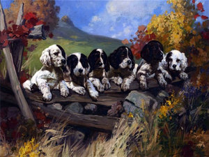 Tile Mural Dogs and Puppies On A Fence By H. William Weekes, 6"x8", Glossy