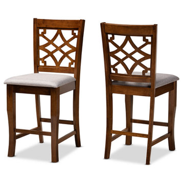 Nisa Gray Fabric Upholstered and Walnut Brown Wood Counter Stool, Set of 2