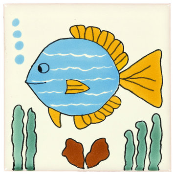 Tierra y Fuego Handmade Ceramic Tile, 4.25x4.25" Turquoise Fish, Box of 90