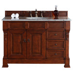 James Martin Vanities - Brookfield 48" Single Vanity, Warm Cherry w/ 3 CM Arctic Fall Solid Surface Top - The Brookfield 48" Warm Cherry vanity by James Martin Vanities features hand carved accenting filigrees and raised panel doors. Two doors open to shelves for storage below. Two drawers made up of a lower double-height drawer and a middle standard drawer, offer additional storage space, with antique brass finish door and drawer pulls. Matching wood backsplash is included. The look is completed with a 3cm eased edge Arctic Fall Solid Surface top with a white porcelain rectangular sink.