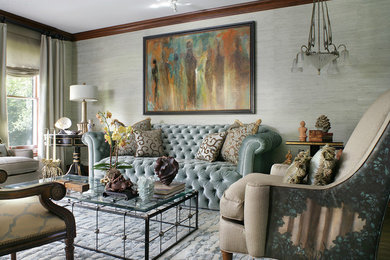 This is an example of a large traditional formal enclosed living room in New York with grey walls.