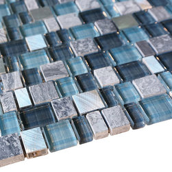 Glossy Blue and Blue Stone Random Brick Cubes Pattern Glass Mosaic Tiles - Home Accessories & Decor