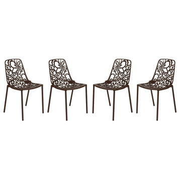 LeisureMod Devon Modern Outdoor Stackable Aluminum Dining Chair, Set of 4, Brown