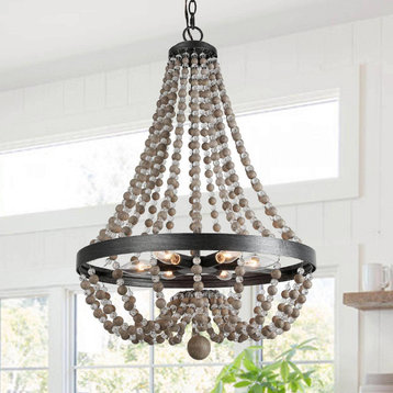 20 In Farmhouse 6-Light Black and Wood Beaded Chandelier Candle Chandelier