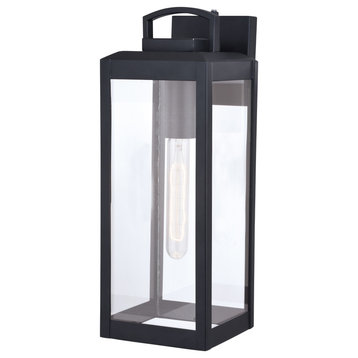 Kinzie 1 Light Dusk to Dawn Outdoor Wall Lantern Clear Glass, Textured Black, 6-in. W X 16.75-in. H X 7-in. D