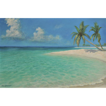 Original Tropical Beach and Ocean Painting with Turquoise Water and Palm Trees