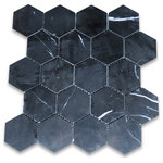 Nero Marquina Black Marble 3 inch Hexagon Mosaic Tile Polished, 1 sheet - Nero Marquina Black Marble 3" (from point to point) hexagon pieces mounted on a sturdy mesh tile sheet