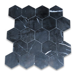 Nero Marquina Black Marble 3 inch Hexagon Mosaic Tile Polished, 1 sheet - Wall And Floor Tile