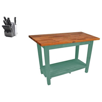 John Boos Oak Classic Country Table 60x25 and Henckels Knife Set, Basil, One Shelf, No Drawers, No Casters