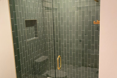 Mid-sized master single-sink bathroom photo in Atlanta with furniture-like cabinets, brown cabinets, a niche and a freestanding vanity