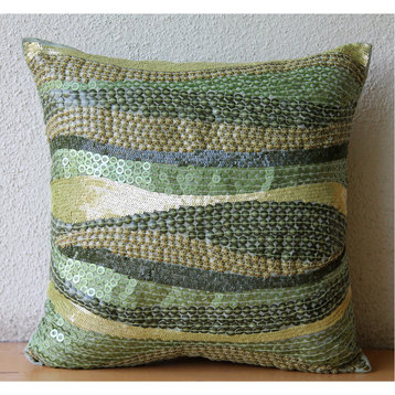 Green Art Silk 14"x14" 3D Sequins Ombre Pillows Cover, Eco Friendly