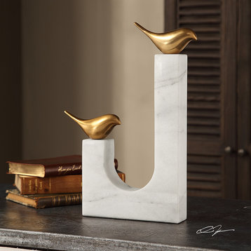 Elegant Midcentury Modern Gold White Bird Branch Sculpture, Brass Marble Statue