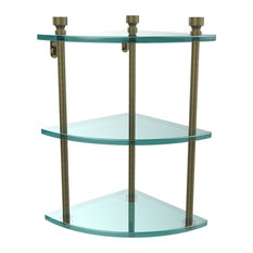 Triple Corner Glass Shelf, Antique Brass