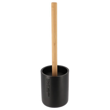 Sleek Matte Black Toilet Brush Holder With Bamboo Handle Polyresin