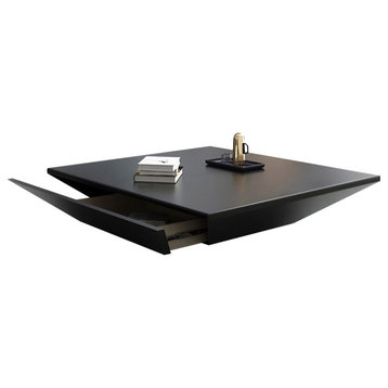 Modern Black Wood Coffee Table with Storage Square Drum with Drawer