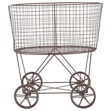 Vintage Metal Laundry Basket With Wheels, Rust