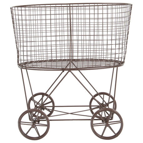 Vintage Metal Laundry Basket With Wheels, Rust