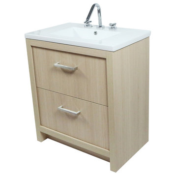 30" Single Sink Vanity, Neutral Finish With White Ceramic Top