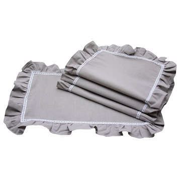 Ruffle Trim Taupe with White Lace Placemat, 14"x20", Set of 4