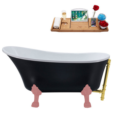 55" Streamline N357PNK-GLD Clawfoot Tub and Tray With External Drain